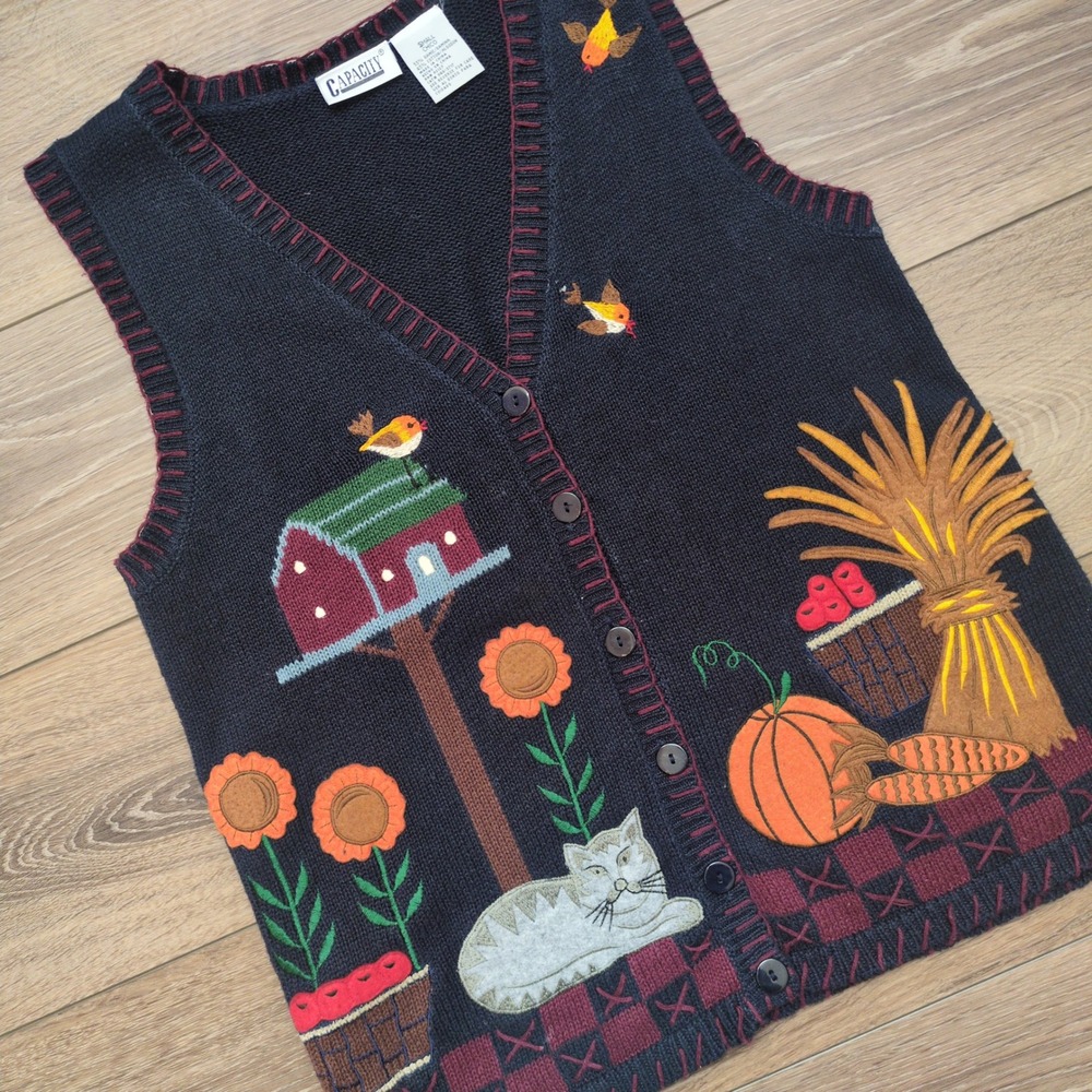 Vtg 90s Fall Autumn Knit Sweater Vest Blue Cat Sunflower Pumpkin Halloween Small